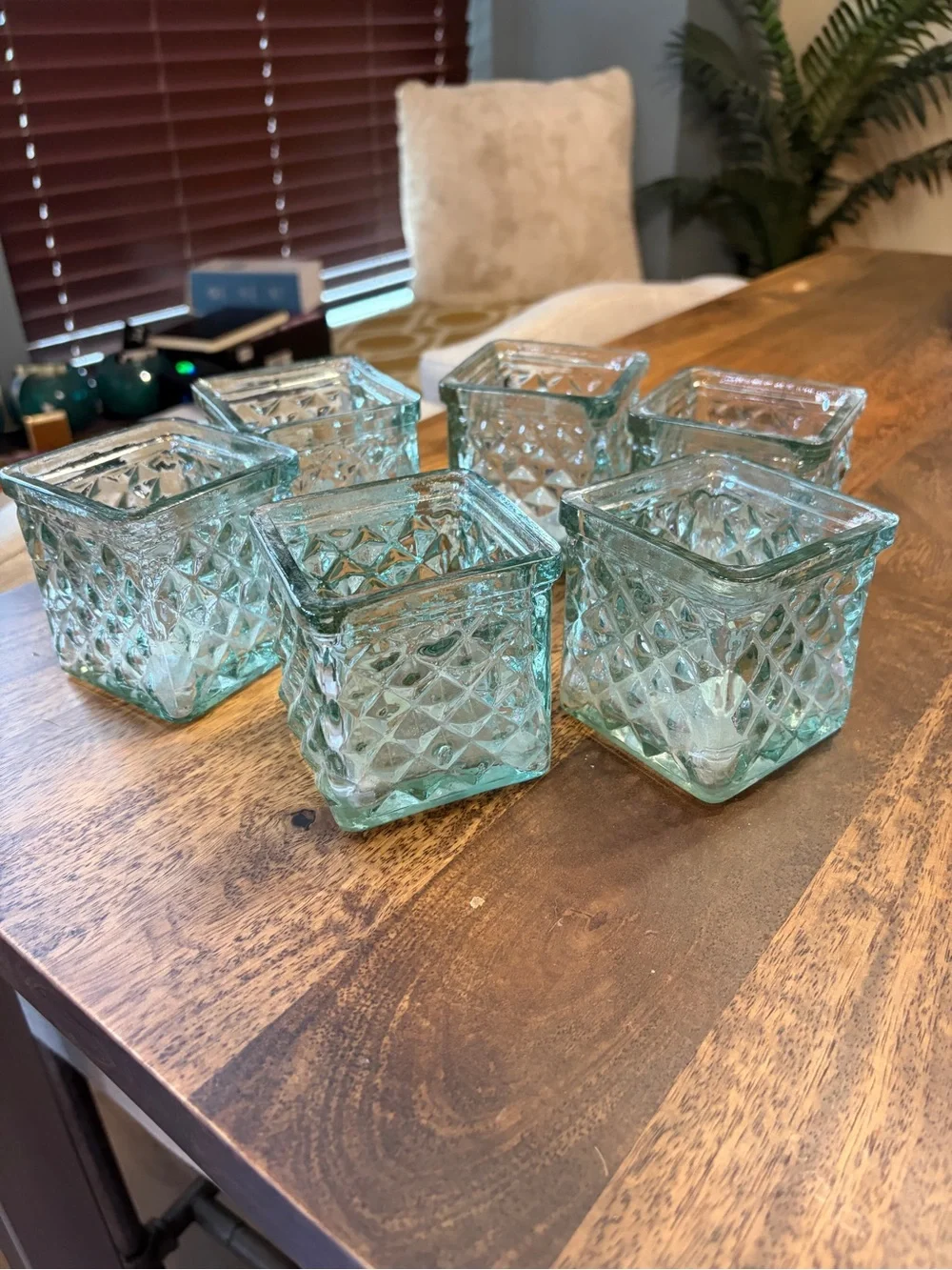 Glass Diamond-Pattern Square Votive Holders - Aqua (Set of 6)